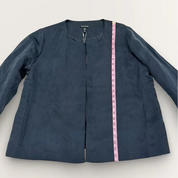 Eileen Fisher Large Linen Silk Satin Round Neck Open Jacket Deep Adriatic Blue - Picture 13 of 16